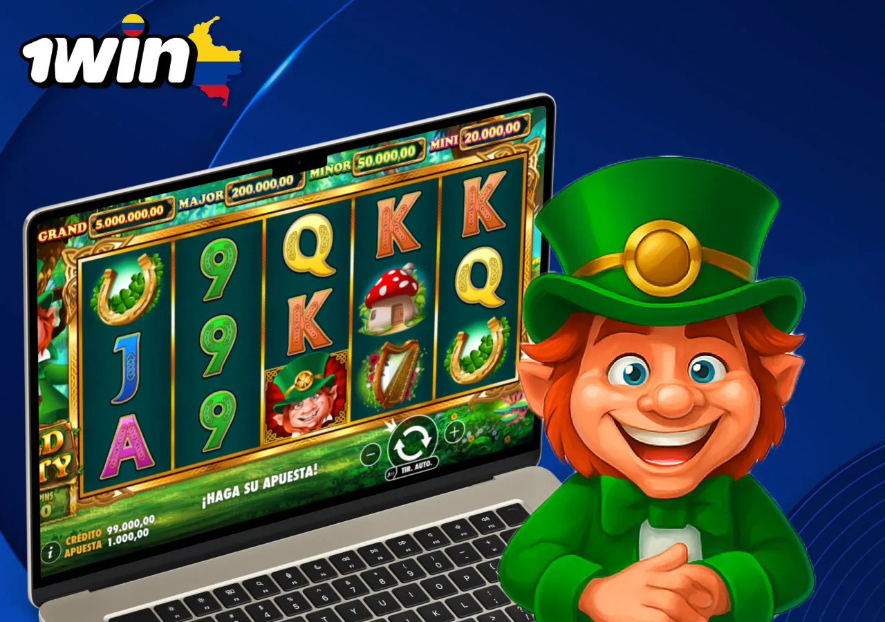 Gold Party en 1win con personaje duende y premios progresivos en pantalla de portátil.