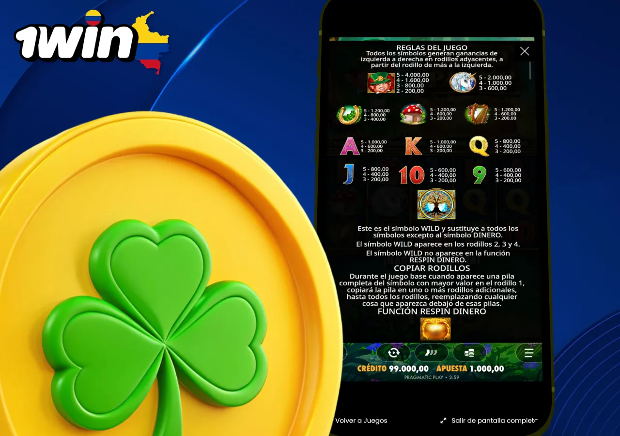 Pantalla de reglas y tabla de pagos del juego Gold Party en 1win con trébol verde y símbolos ganadores.