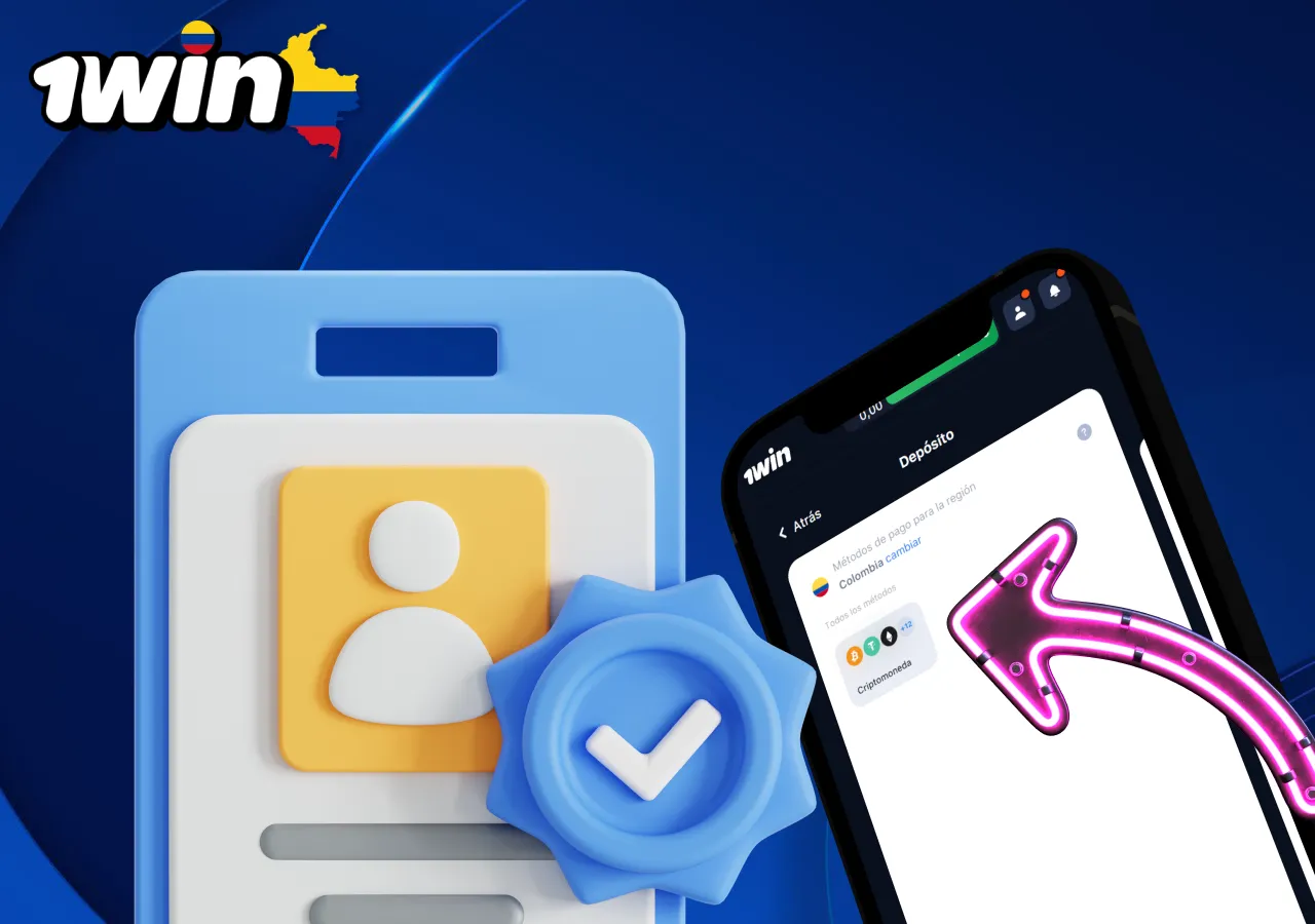Pantalla de verificación de cuenta en 1win junto a menú de métodos de pago con criptomonedas.