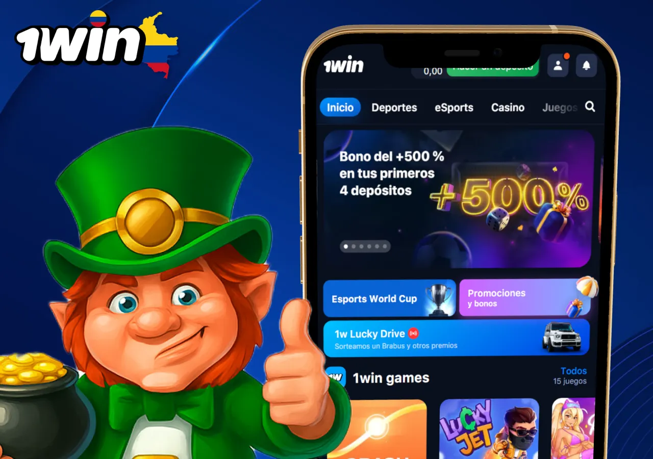 Promociones y bono de bienvenida del 500% en 1win mostradas en aplicación móvil con duende de Gold Party.