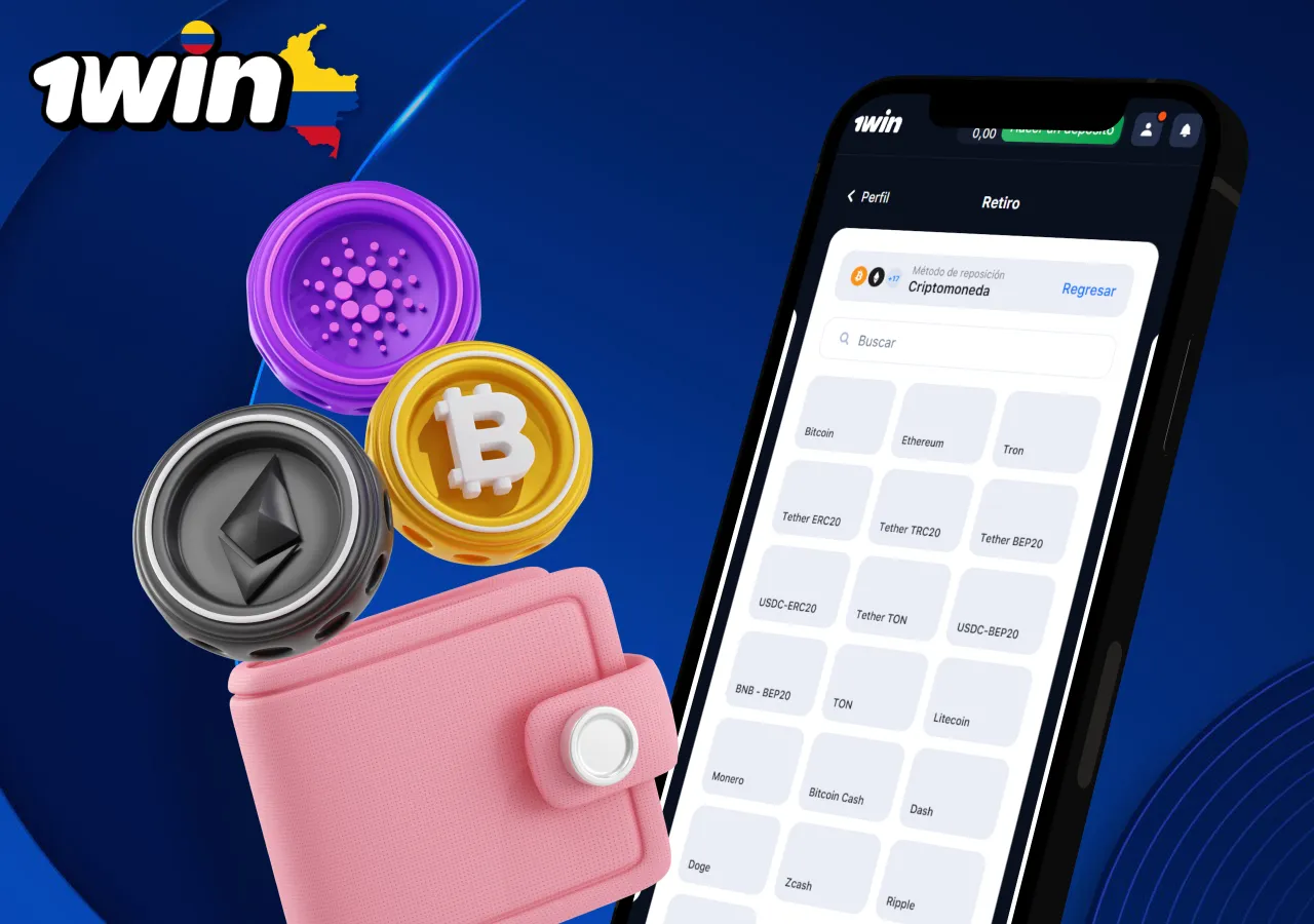 Retiro de fondos en 1win con criptomonedas como Bitcoin, Ethereum, Tron y Tether, ilustrado con monedero digital.