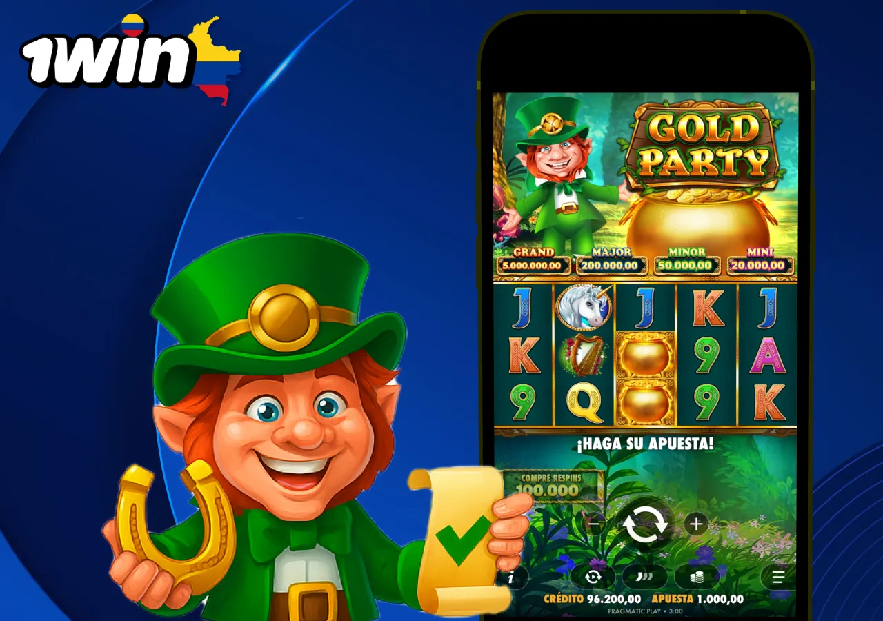 Estrategias para ganar en Gold Party mostradas en pantalla móvil con duende sosteniendo herradura.