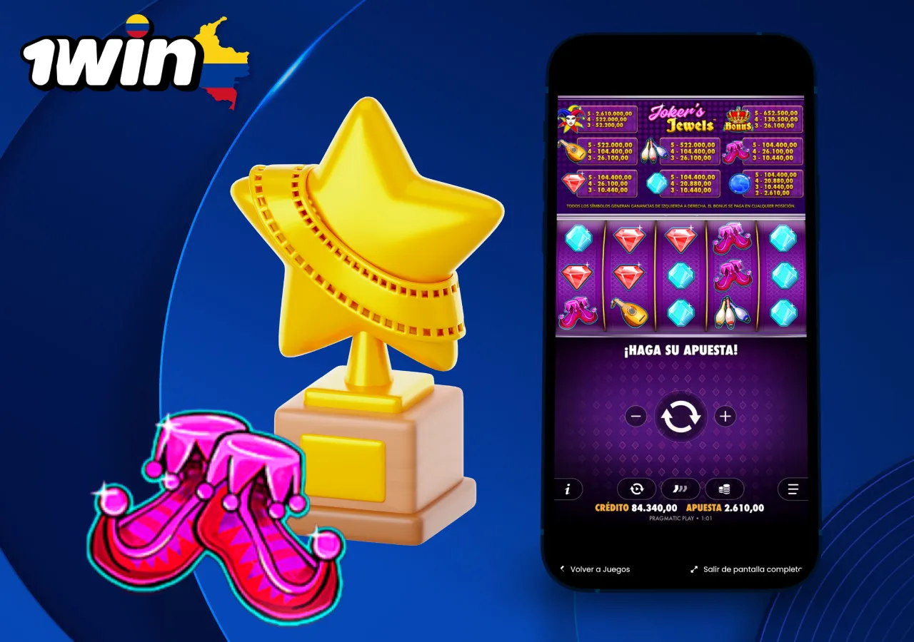 Estrategias para ganar en Joker's Jewels en 1win con trofeo dorado y símbolos de zapatos del joker.